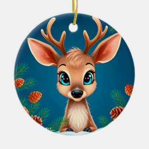 Süße Cartoon-Rentiere im Winter mit Pinienzapfen Keramik Ornament