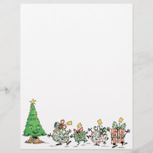 Süße Cartoon tanzende Weihnachtsgeschenke und Baum Flyer