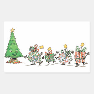 Süße Cartoon tanzende Weihnachtsgeschenke und Baum Rechteckiger Aufkleber