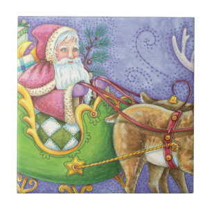 Süße Cartoon-Weihnachts-Santa-Claus-Schlitten-Rent Fliese