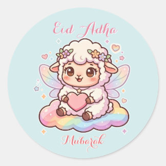 Süße Chibi-Fee-Schaf-Regenbogen-Eid-Adha-Mubarak  Runder Aufkleber