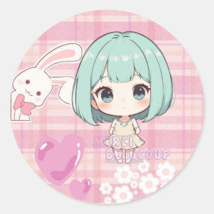 Süße Chibi Grün Haar Runder Aufkleber
