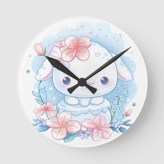 Süße Chibi-Hasen-Illustration Runde Wanduhr (Vorderseite)