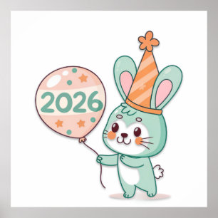 Süße Chibi-Hasen-Maskottchen mit 2026 Ballons  Poster