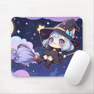 Süße Chibi-Hexe fliegt durch den nächtlichen Himme Mousepad