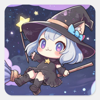 Süße Chibi-Hexe fliegt durch den nächtlichen Himme Quadratischer Aufkleber