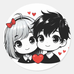 Süße Chibi-Liebesgeschichte-Illustration für Valen Runder Aufkleber
