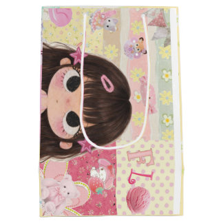 Süße Chibi-Mädchen-Geschenktasche | Florales Rosa Mittlere Geschenktüte