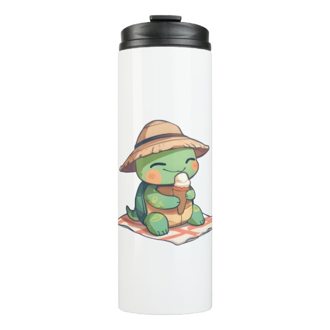 Süße Chibi-Schildkröte mit Strohhut beim Eiscreme- Thermosbecher (Vorderseite)