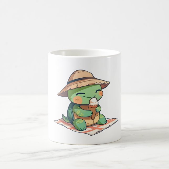 Süße Chibi-Schildkröte mit Strohhut beim Eisessen  Kaffeetasse (Mittel)