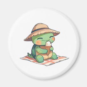 Süße Chibi-Schildkröte mit Strohhut beim Eisessen Magnet