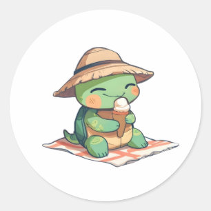 Süße Chibi-Schildkröte mit Strohhut beim Eisessen  Runder Aufkleber
