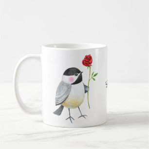 Süße Chickadee mit einer einzelnen roten Rose Benu Kaffeetasse