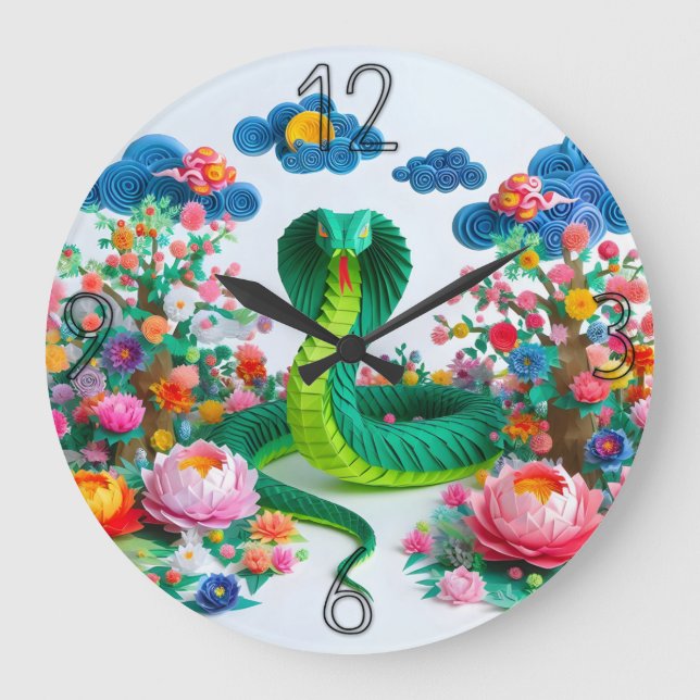 Süße chinesische Neujahrsschlange Origami WC4 Große Wanduhr (Vorderseite)