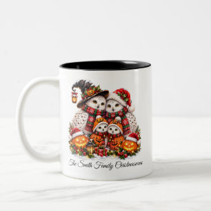Süße Christmasween-Schneeeulen-Familie Winterferie Zweifarbige Tasse