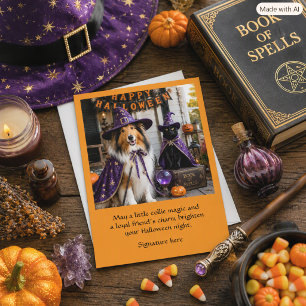 Süße Collie- und Katzen-Halloween-Zauberer-Grußkar Karte