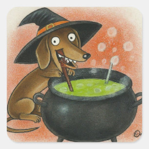 Süße Dachshund-Hexe Quadratischer Aufkleber