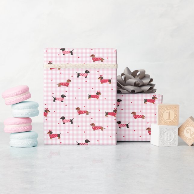 Süße Dachshund-Karo-Muster-Wrap-Rolle Geschenkpapier (Babyparty)