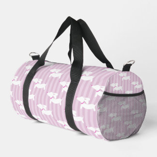 Süße Dackeln auf modernen rosa Streifen Übernachtu Duffle Bag