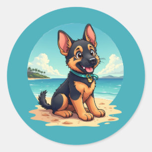 Süße Deutsche Schäferhund-Welpen-Strand-Illustrati Runder Aufkleber