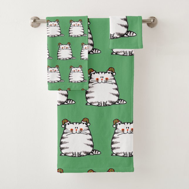 Süße dicke Katze mit zwei Weihnachtsmützen Badhandtuch Set (Insitu)