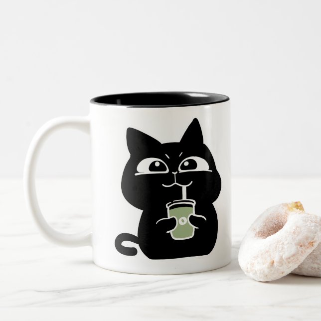 Süße dicke schwarze Katze Kaffeetasse (Mit Donut)