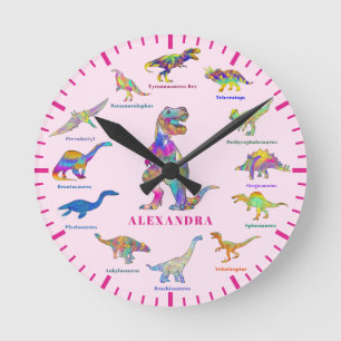 Süße Dinosaurier mit Namen rosa Runde Wanduhr