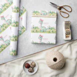 Süße Dinosaurier Mit Rosa Schleife Baby Shower Geschenkpapier