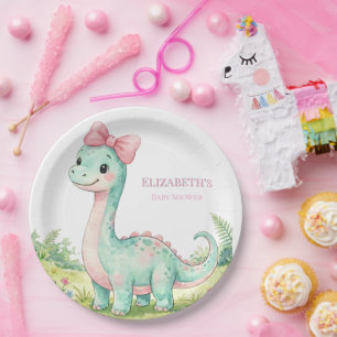 Süße Dinosaurier Mit Rosa Schleife Baby Shower Pappteller