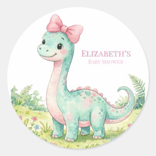 Süße Dinosaurier Mit Rosa Schleife Baby Shower Runder Aufkleber