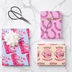 Süße Disco-Cowgirl-Hufeisen Rosa Blau Beige Geschenkpapier Set