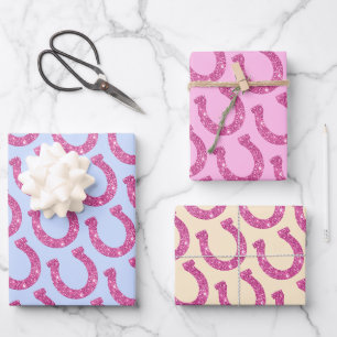 Süße Disco-Cowgirl-Hufeisen Rosa Blau Beige Geschenkpapier Set