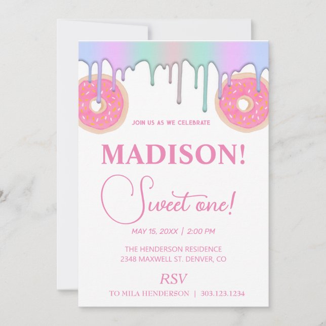 Süße Donuts, Regenbogenfarben, süßer erster Geburt Einladung (Vorderseite)