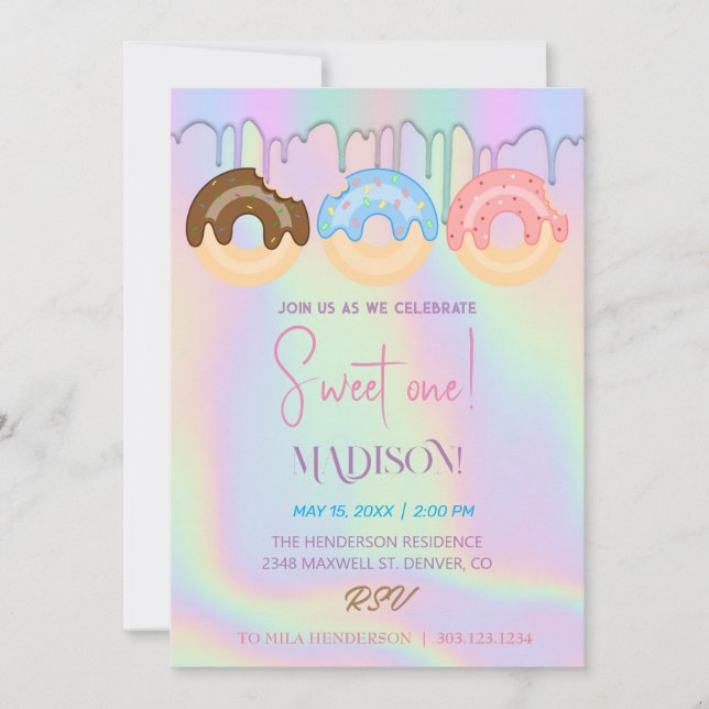 Süße Donuts, Regenbogenfarben, süßer erster Geburt Einladung (Vorderseite)