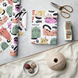 Süße Doodle-Katzen und Pfotenabdrücke Geschenkpapier