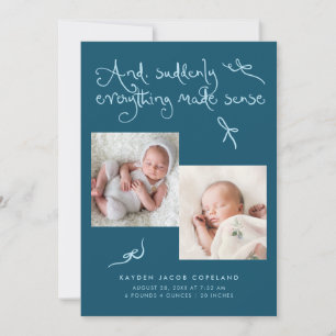 Süße Doodle-Schleifen Teal Foto Geburt Ankündigung