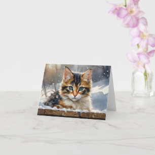 Süße dreifarbige Katze im Schneegruß-Kartenmotiv  Karte