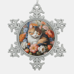 Süße dreifarbige Katze und Blumen Schneeflocken Zinn-Ornament