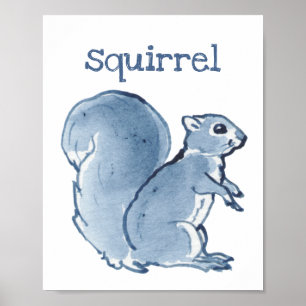 Süße Eichhörnchen Blaue Aquarell-Tier-Natur-Kunst Poster