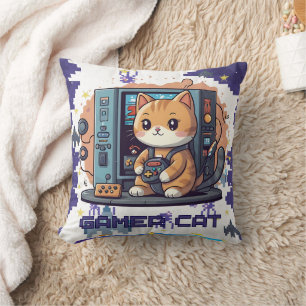 Süße einzelne Gamer-Katze Blauplan Kissen