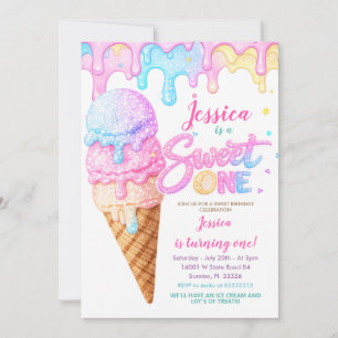Süße Eiscreme-Pastell-Glitter-Geburtstag Einladung