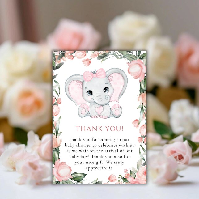 Süsse Elephant Blush Pink Bläserchen Girl Babydusc Dankeskarte (Cutie Elephant Blush Pink Floral Girl Baby Shower Thank You Card)
