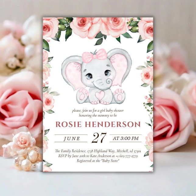Süsse Elephant Blush Pink Bläserchen Girl Babydusc Einladung (Cutie Elephant Blush Pink Floral Girl Baby Shower Invitation)