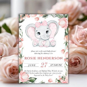 Süsse Elephant Blush Pink Bläserchen Girl Babydusc Einladung