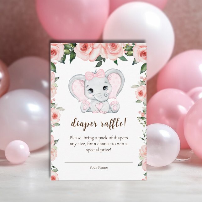Süsse Elephant Blush Pink Floral Diaper Raffel Begleitkarte (Cutie Elephant Blush Pink Floral Diaper Raffle Enclosure Card)