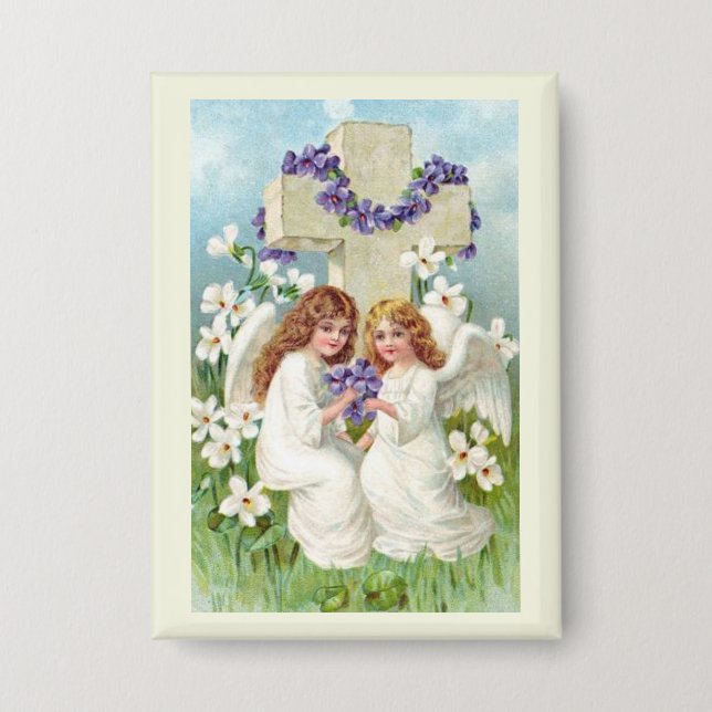 Süße Engel mit Kreuz und Blumen  Button (Vorderseite)