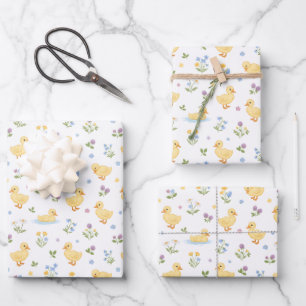 Süße Entenküken und Wildblumen Muster Geschenkpapier Set