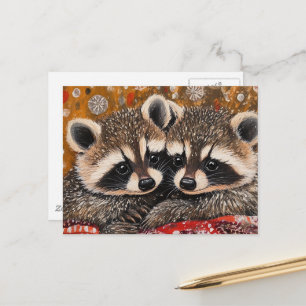 Süße entzückende Baby-Waschbären auf roter Decke Postkarte