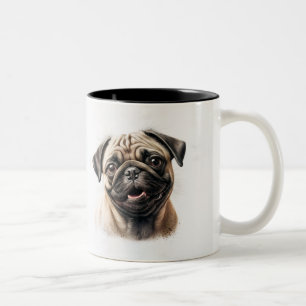 Süße entzückende Pug-Hund-Porträt-Illustration ein Zweifarbige Tasse