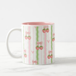 Süße Erdbeer-Schleife Rosa Grüne Wellenstreifen-Ta Zweifarbige Tasse